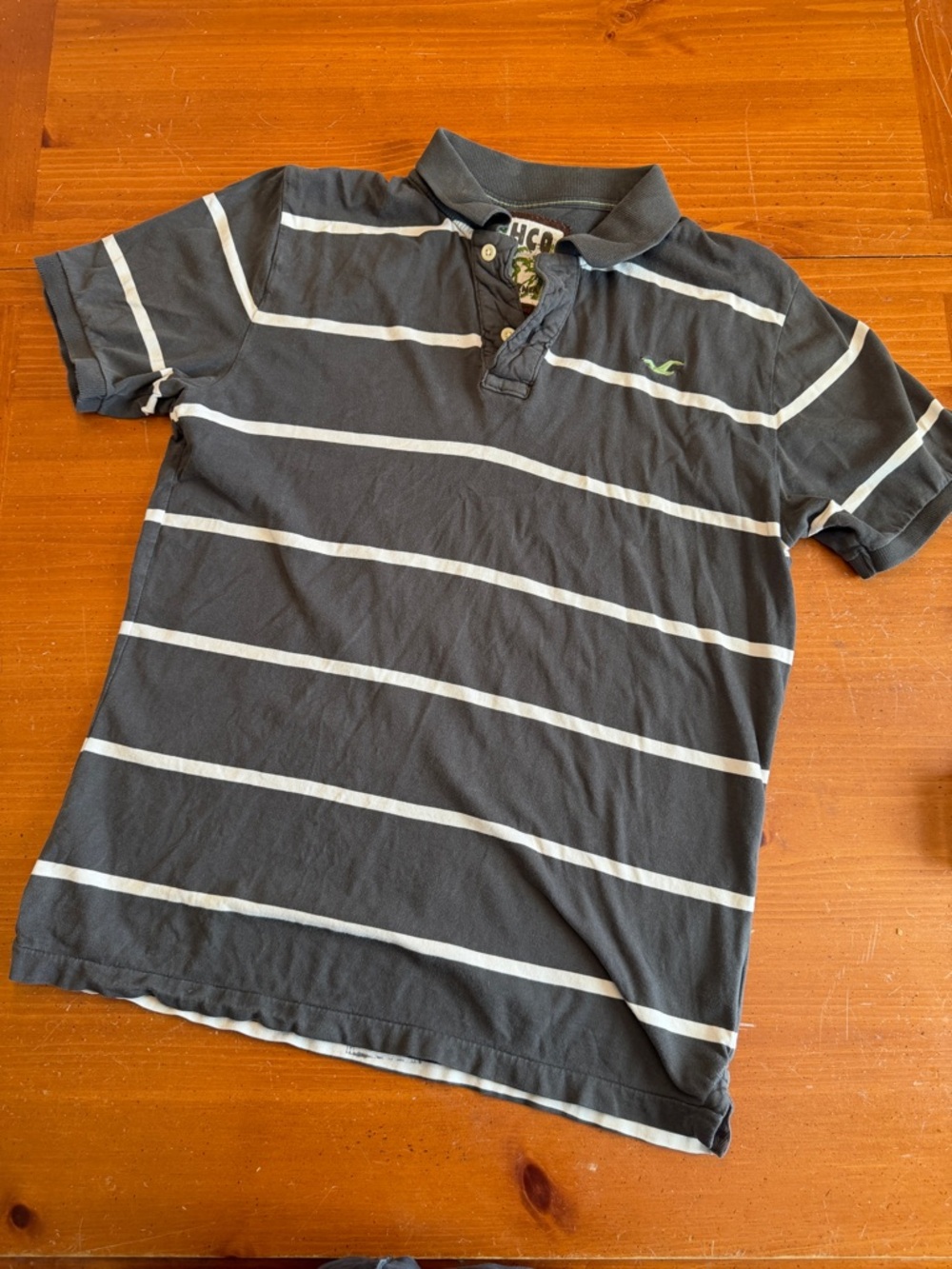 Hollister Dark Gray Polo with White Stripes and Green Logo